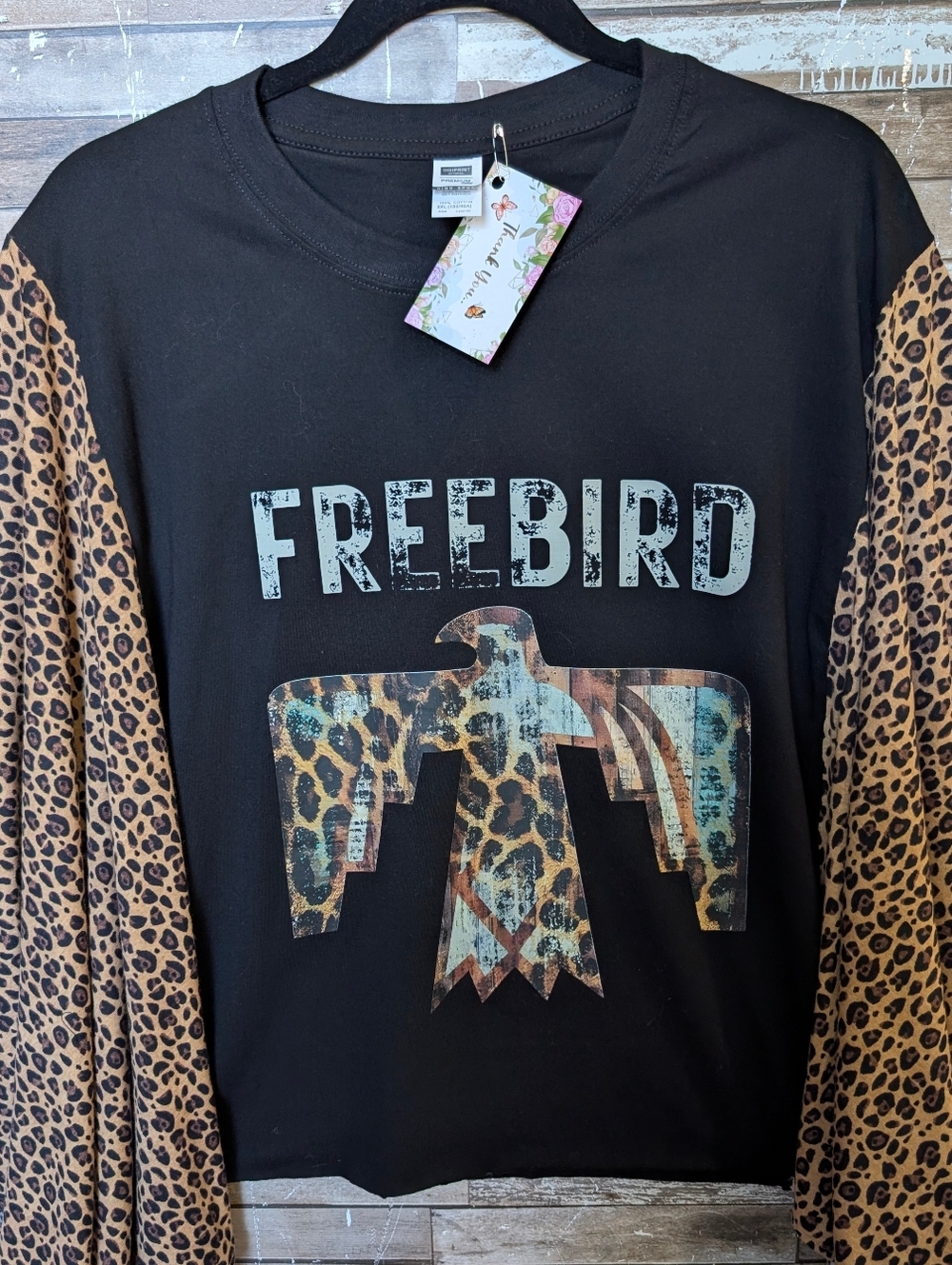 New Handcrafted Free Bird Graphic W Leopard Print Bat Winged Sleeves - Picture 3 of 11